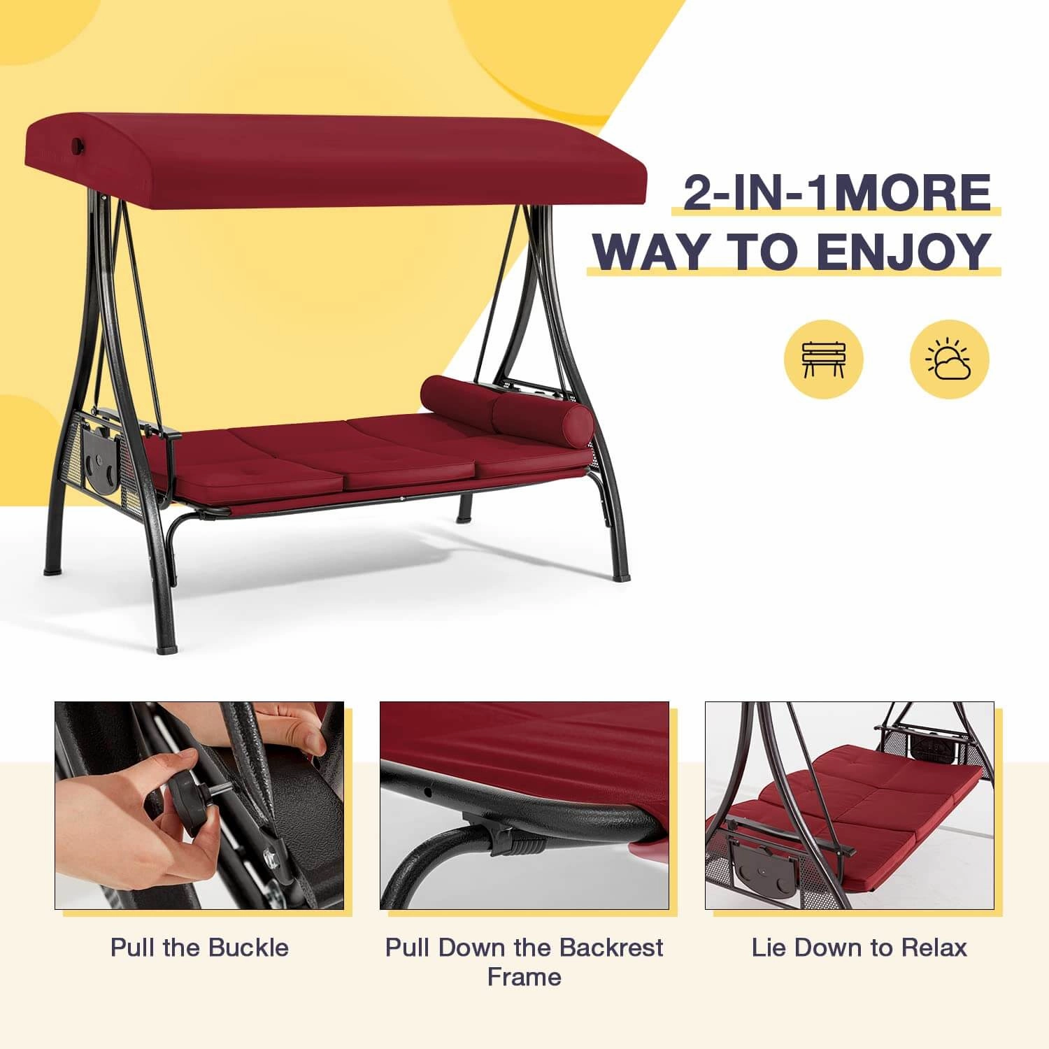 3-Seat Outdoor Porch Swing with Adjustable Canopy Backrest and 2 Side Trays, Wine Red