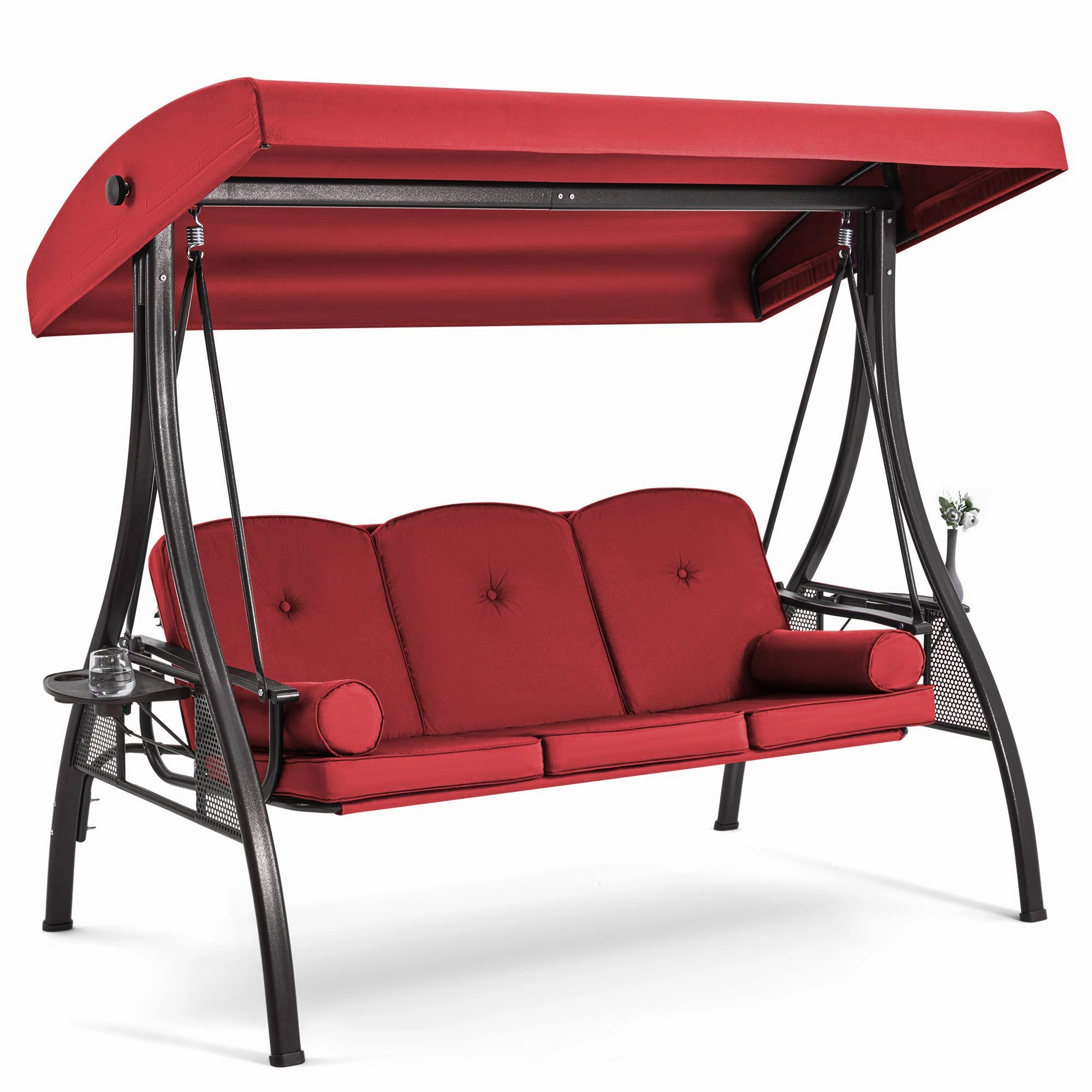 3-Seat Outdoor Porch Swing with Adjustable Canopy Backrest and 2 Side Trays, Wine Red