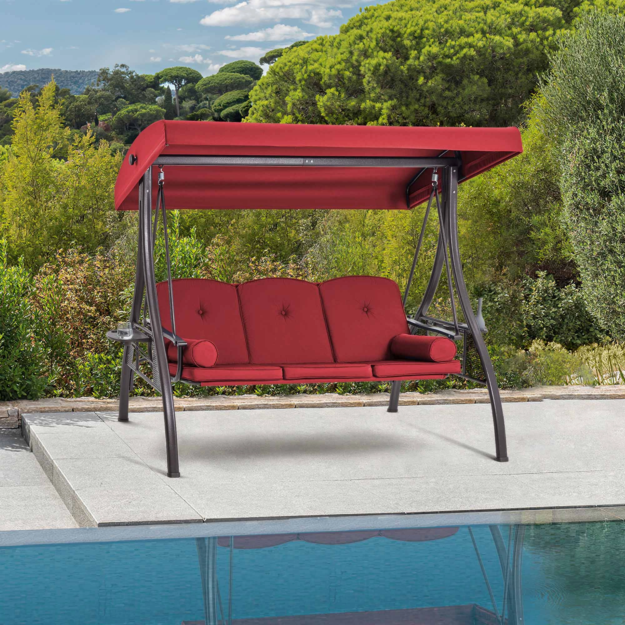 3-Seat Outdoor Porch Swing with Adjustable Canopy Backrest and 2 Side Trays, Wine Red