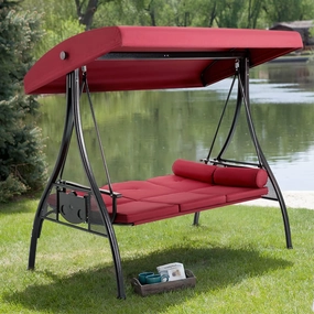 3-Seat Outdoor Porch Swing with Adjustable Canopy Backrest and 2 Side Trays, Wine Redoutdoor patio furniture set