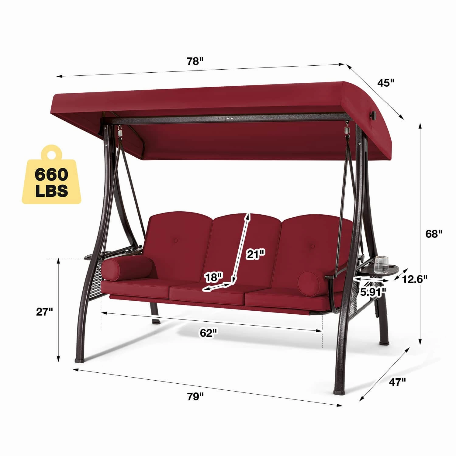 3-Seat Outdoor Porch Swing with Adjustable Canopy Backrest and 2 Side Trays, Wine Red