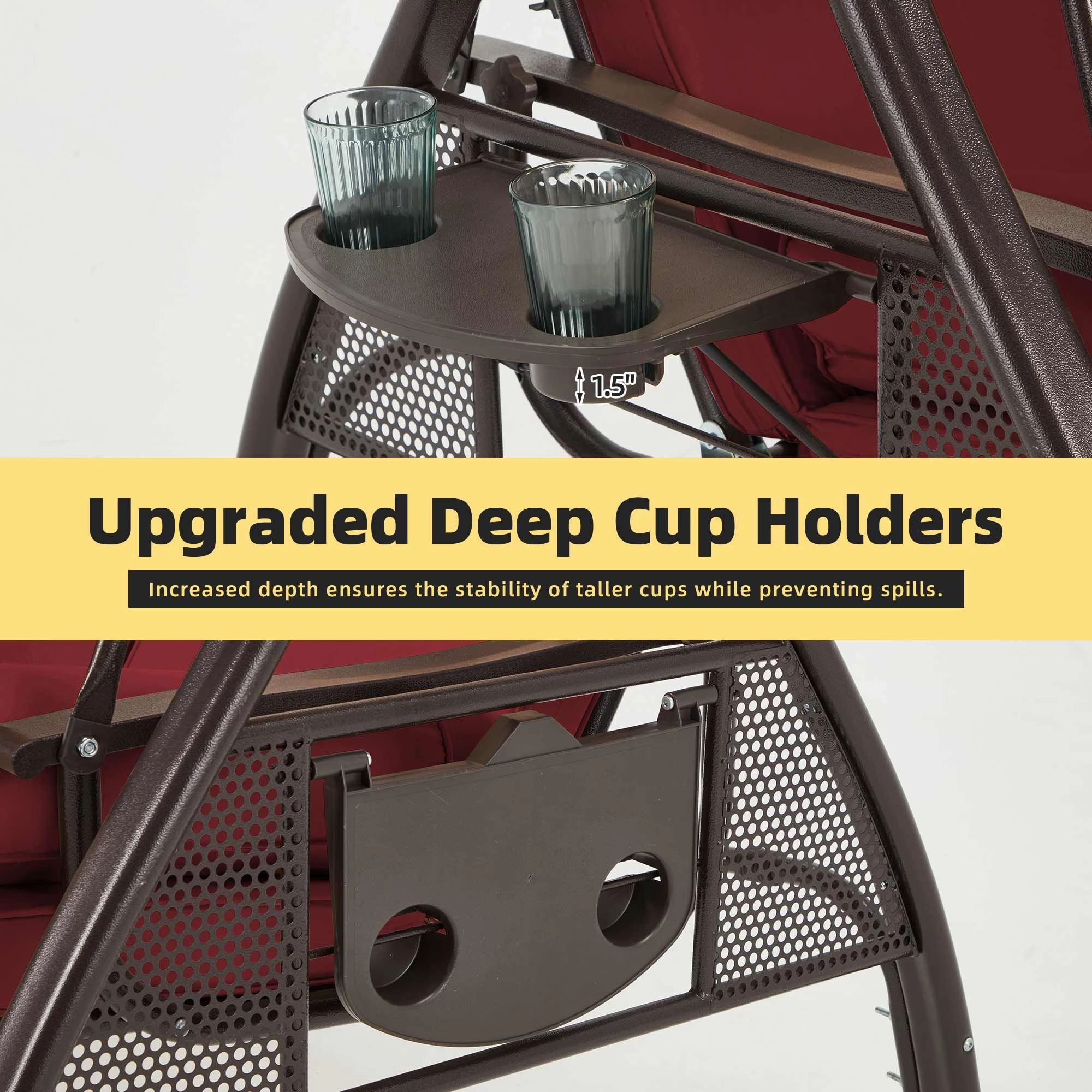 3-Seat Outdoor Porch Swing with Adjustable Canopy Backrest and 2 Side Trays, Wine Red