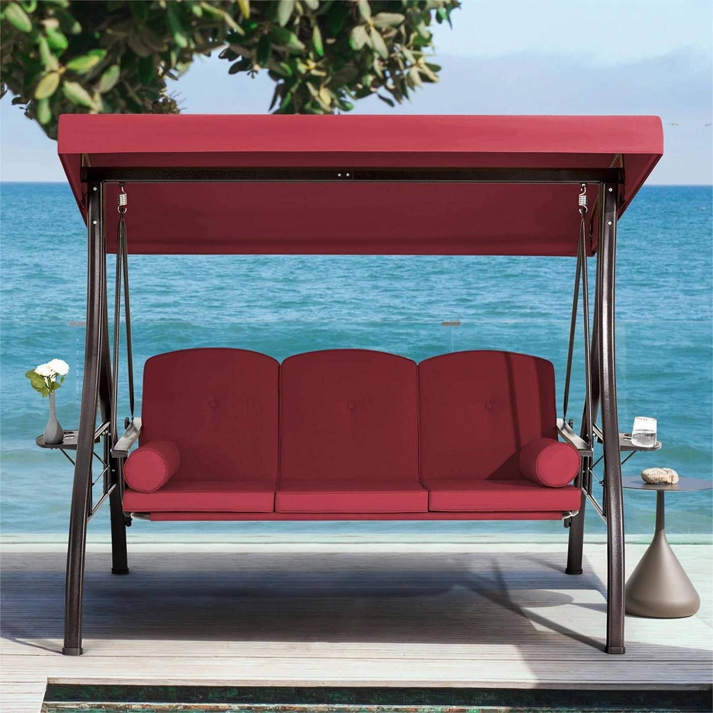 3-Seat Outdoor Porch Swing with Adjustable Canopy Backrest and 2 Side Trays, Wine Red