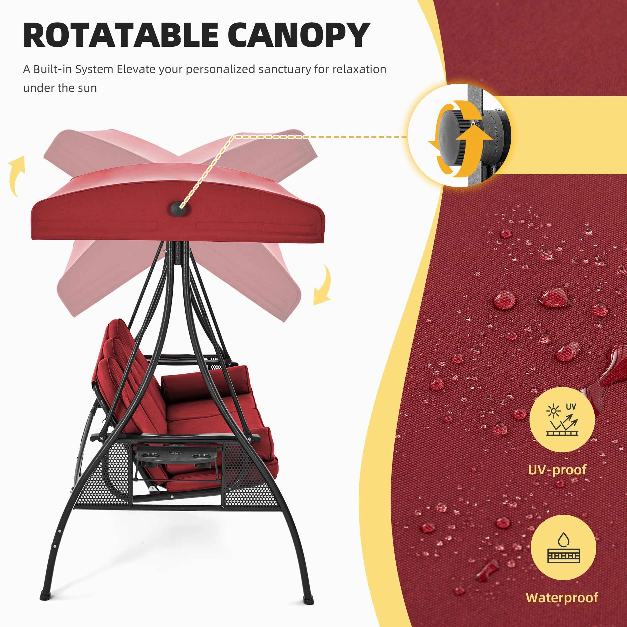 3-Seat Outdoor Porch Swing with Adjustable Canopy Backrest and 2 Side Trays, Wine Red