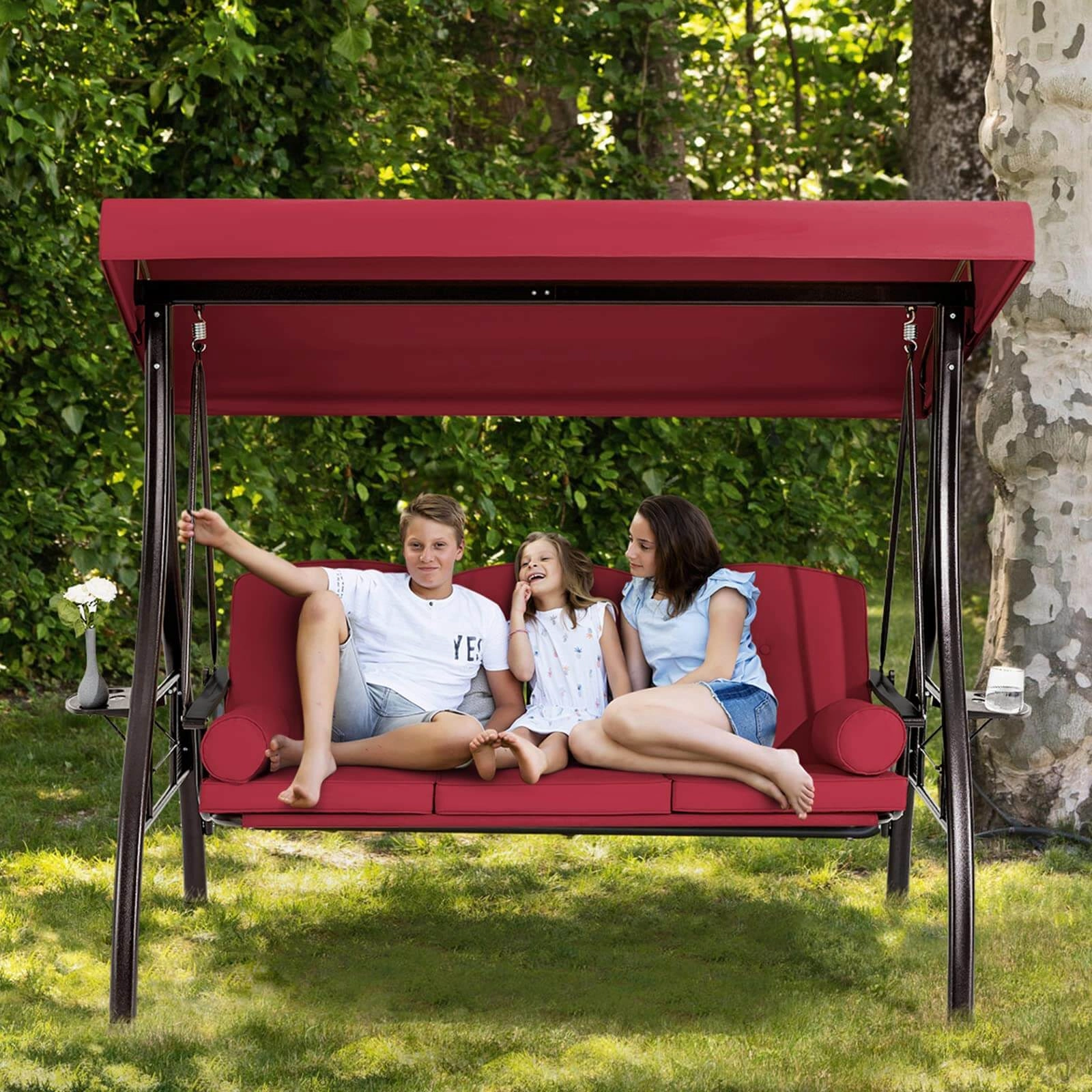 3-Seat Outdoor Porch Swing with Adjustable Canopy Backrest and 2 Side Trays, Wine Red