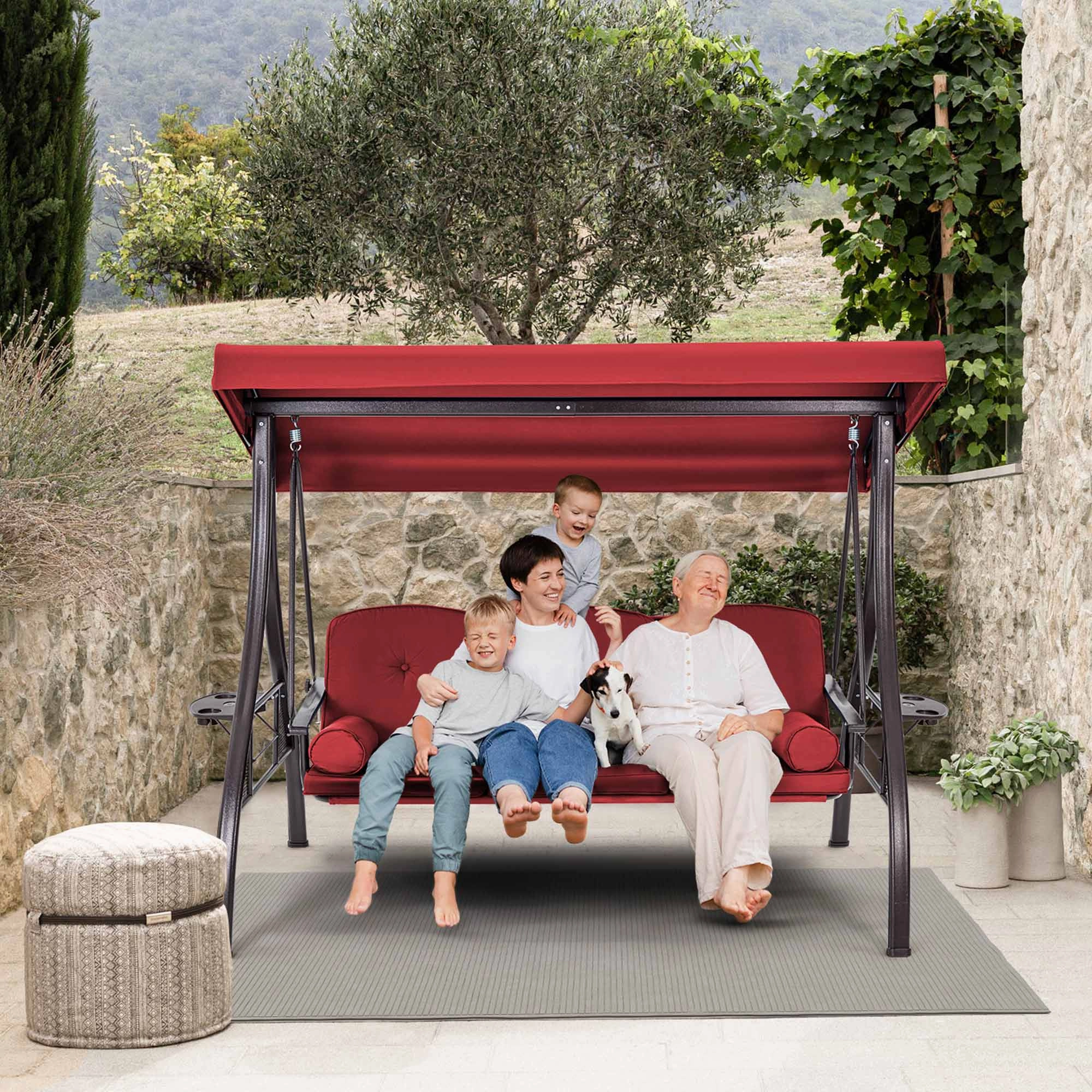 3-Seat Outdoor Porch Swing with Adjustable Canopy Backrest and 2 Side Trays, Wine Red