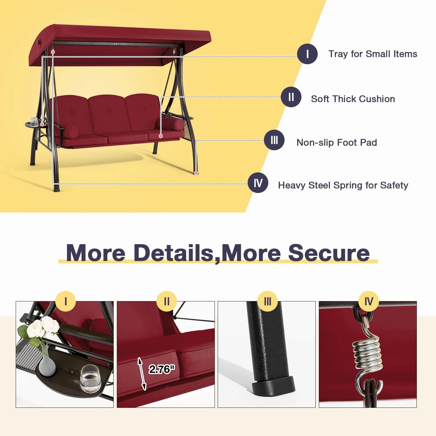 3-Seat Outdoor Porch Swing with Adjustable Canopy Backrest and 2 Side Trays, Wine Red