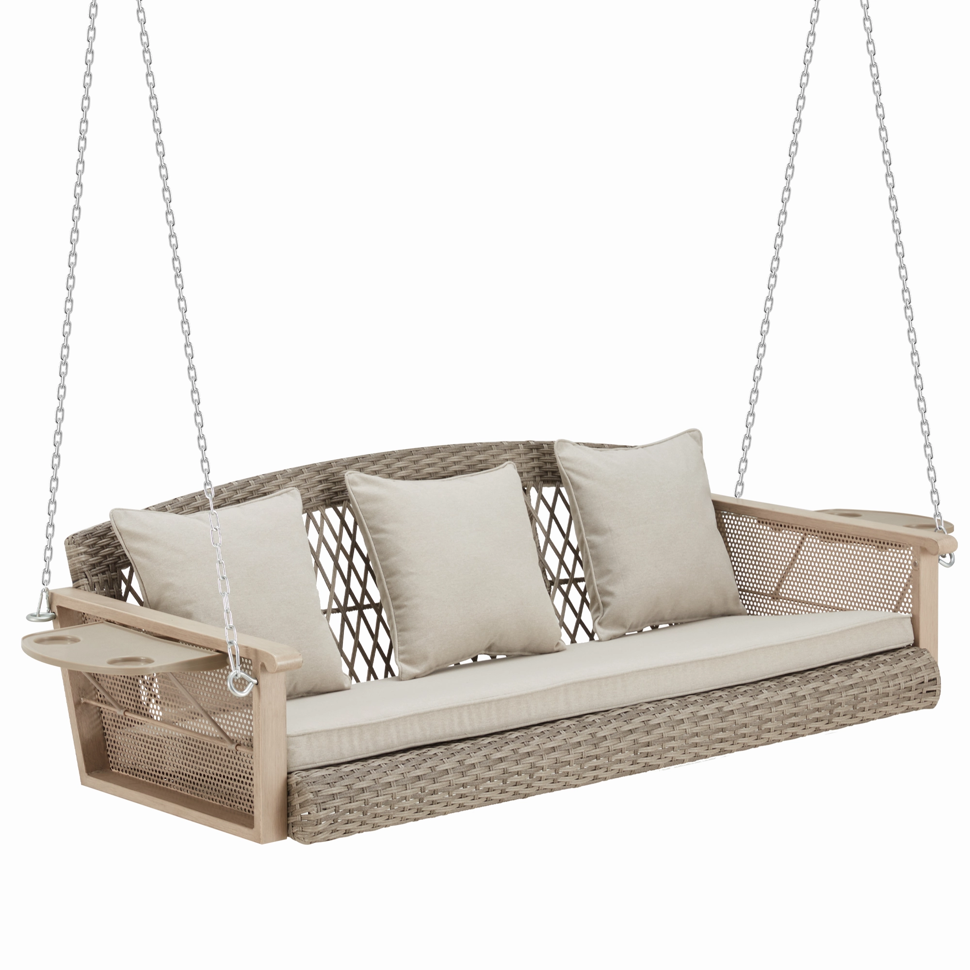 3-Seater Patio Porch Swing Bed with Cup Holders and Cushions, Beige
