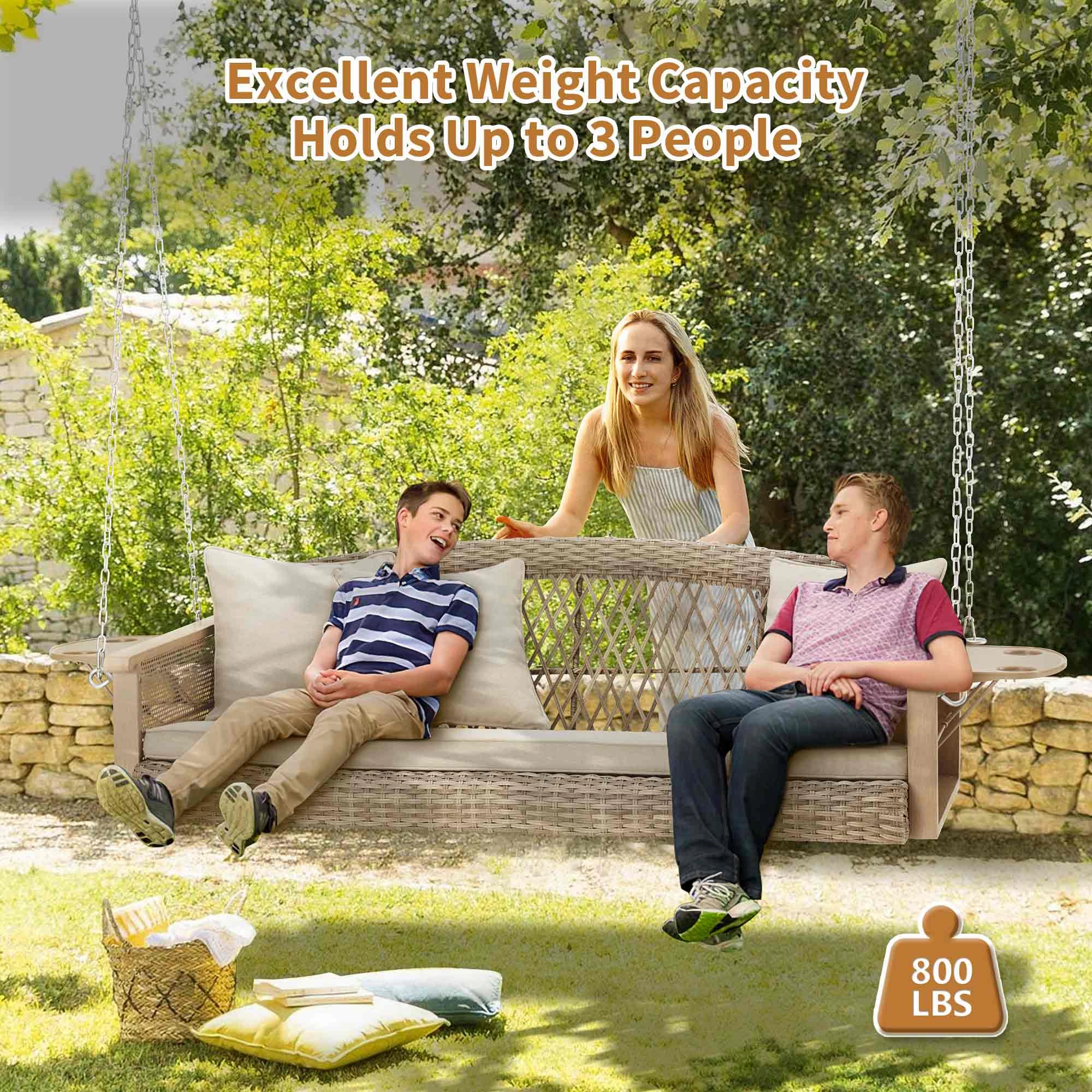 3-Seater Patio Porch Swing Bed with Cup Holders and Cushions, Beige