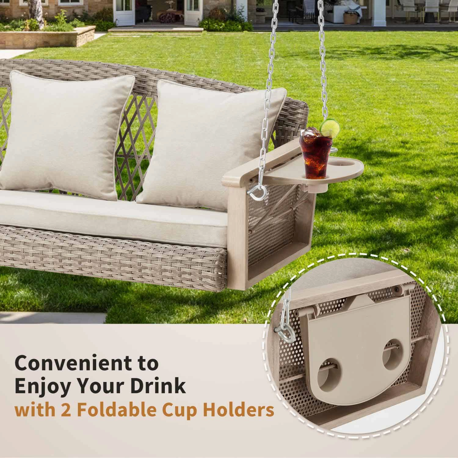 3-Seater Patio Porch Swing Bed with Cup Holders and Cushions, Beige
