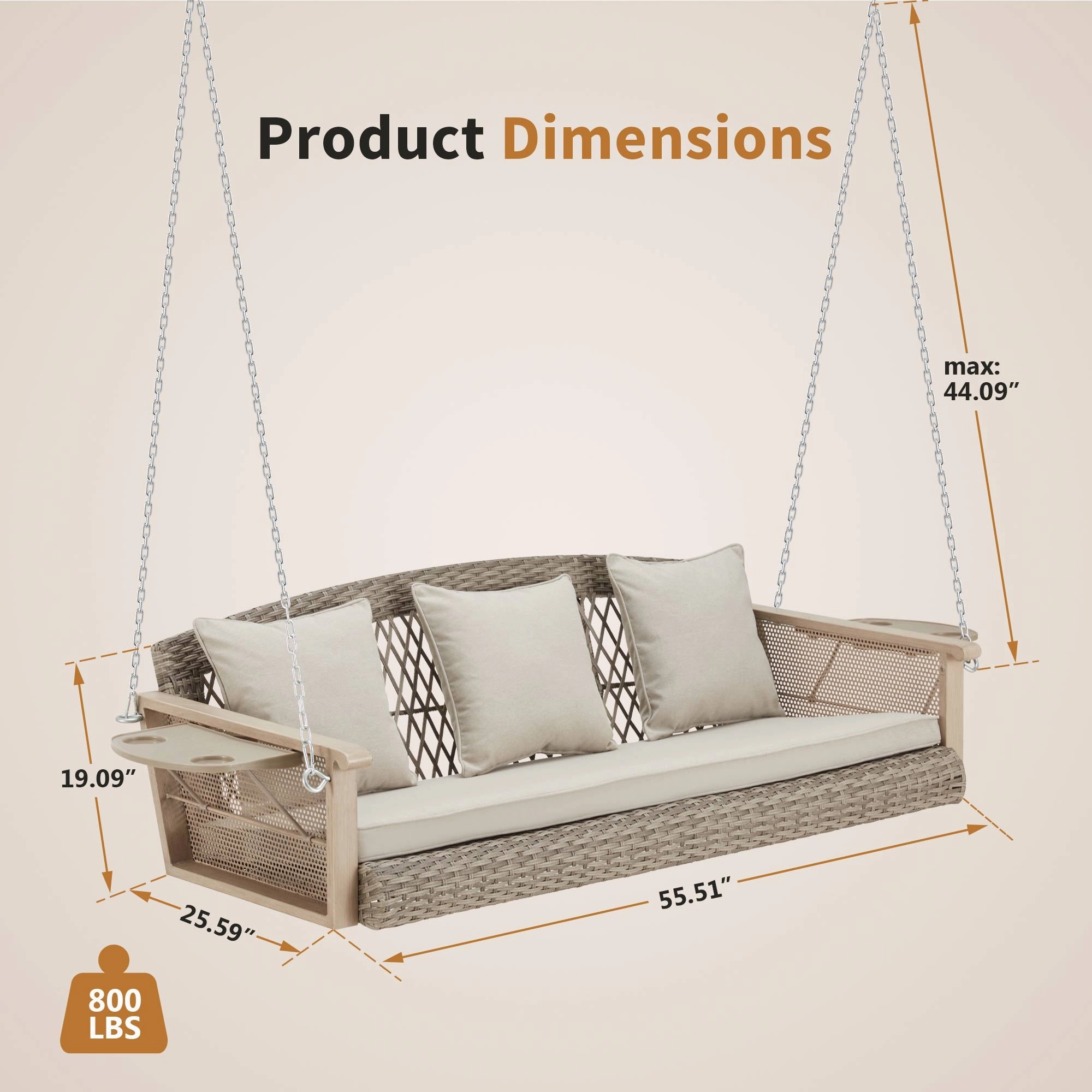 3-Seater Patio Porch Swing Bed with Cup Holders and Cushions, Beige