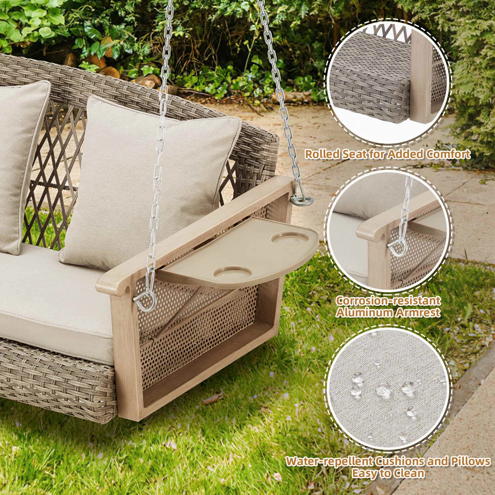 3-Seater Patio Porch Swing Bed with Cup Holders and Cushions, Beige
