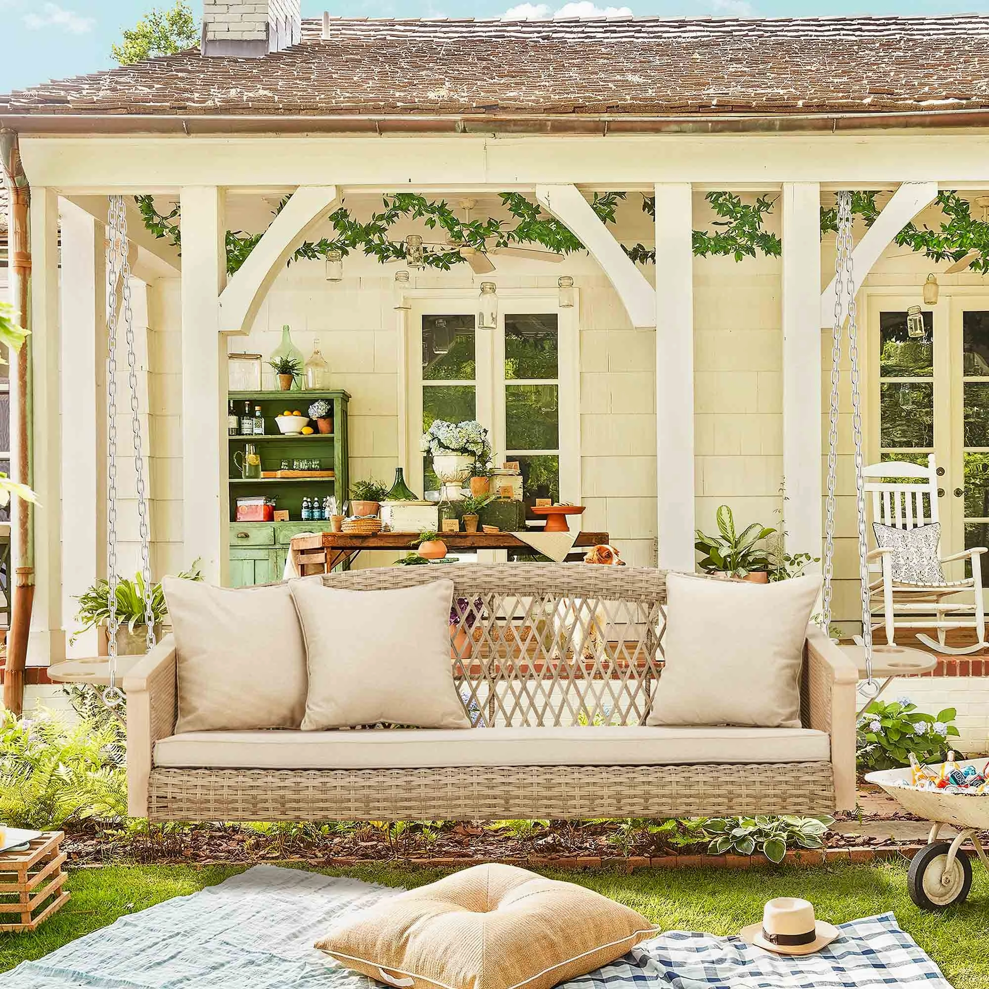 3-Seater Patio Porch Swing Bed with Cup Holders and Cushions, Beige