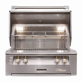 Alfresco ALXE 30-Inch Built-In Gas Grill with Rotisserie stainless steel BBQ grill with side table
