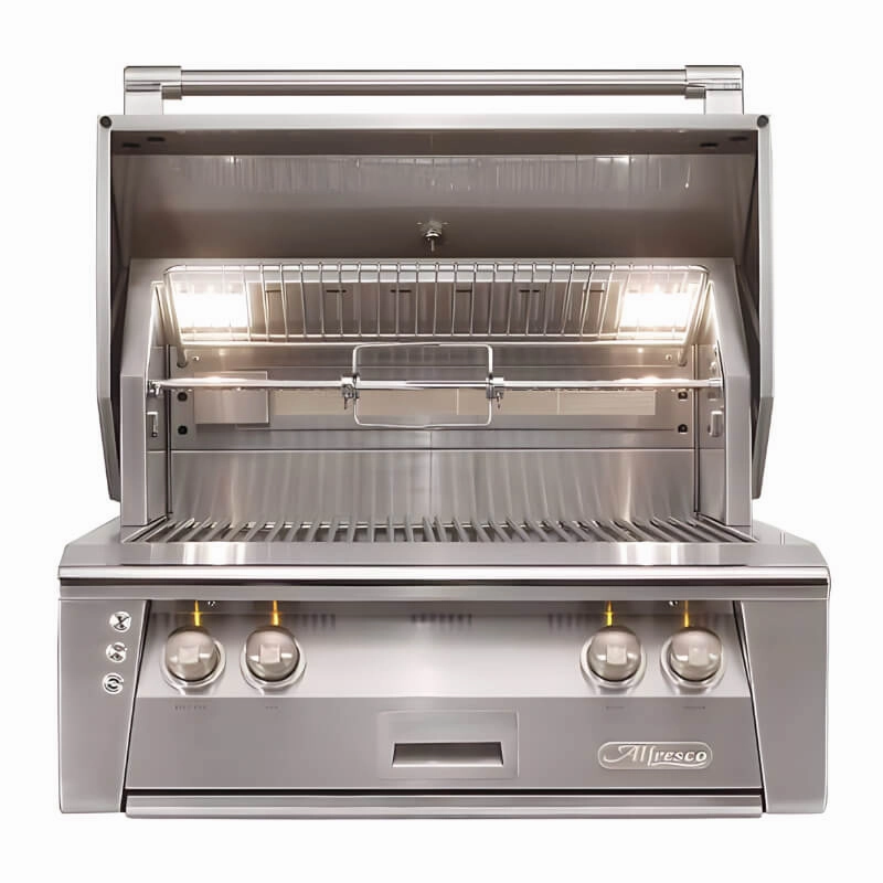 Alfresco ALXE 30-Inch Built-In Gas Grill with Rotisserie stainless steel BBQ grill with side table