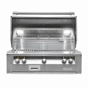 Alfresco ALXE 36-Inch Built-In Gas Grill With Rotisserie stainless steel BBQ grill with side table