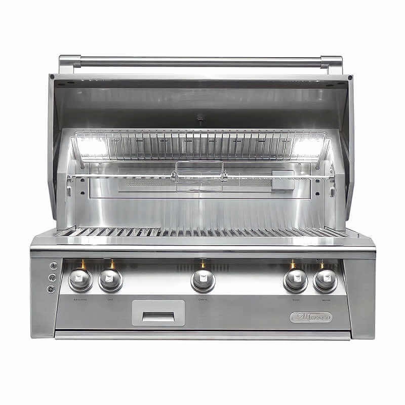 Alfresco ALXE 36-Inch Built-In Gas Grill With Rotisserie stainless steel BBQ grill with side table