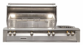 Alfresco ALXE 56-Inch Built-In Gas Deluxe Grill With Rotisserie And Side Burner ALXE-56 stainless steel BBQ grill with side table