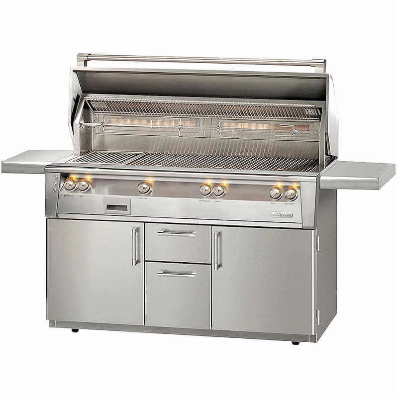 Alfresco ALXE 56-Inch Freestanding Gas All Grill With Sear Zone And Rotisserie stainless steel BBQ grill with side table