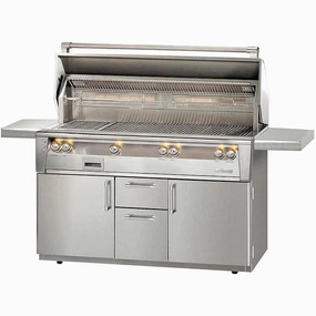 Alfresco ALXE 56-Inch Freestanding Gas All Grill With Sear Zone And Rotisserie stainless steel BBQ grill with side table
