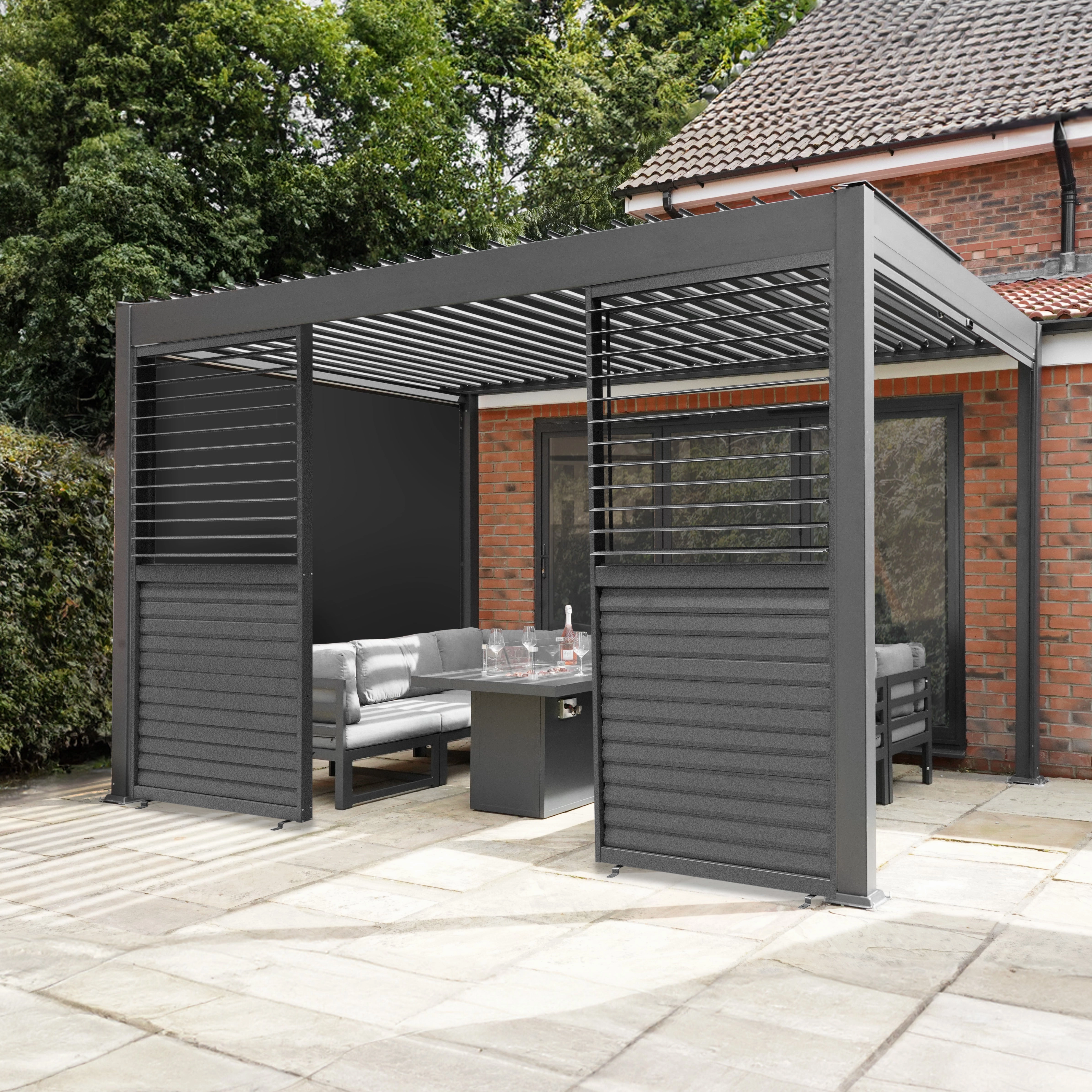Aluminium Pergola With Anthracite Blinds & 2 Shutter Panels - 3m x 3m