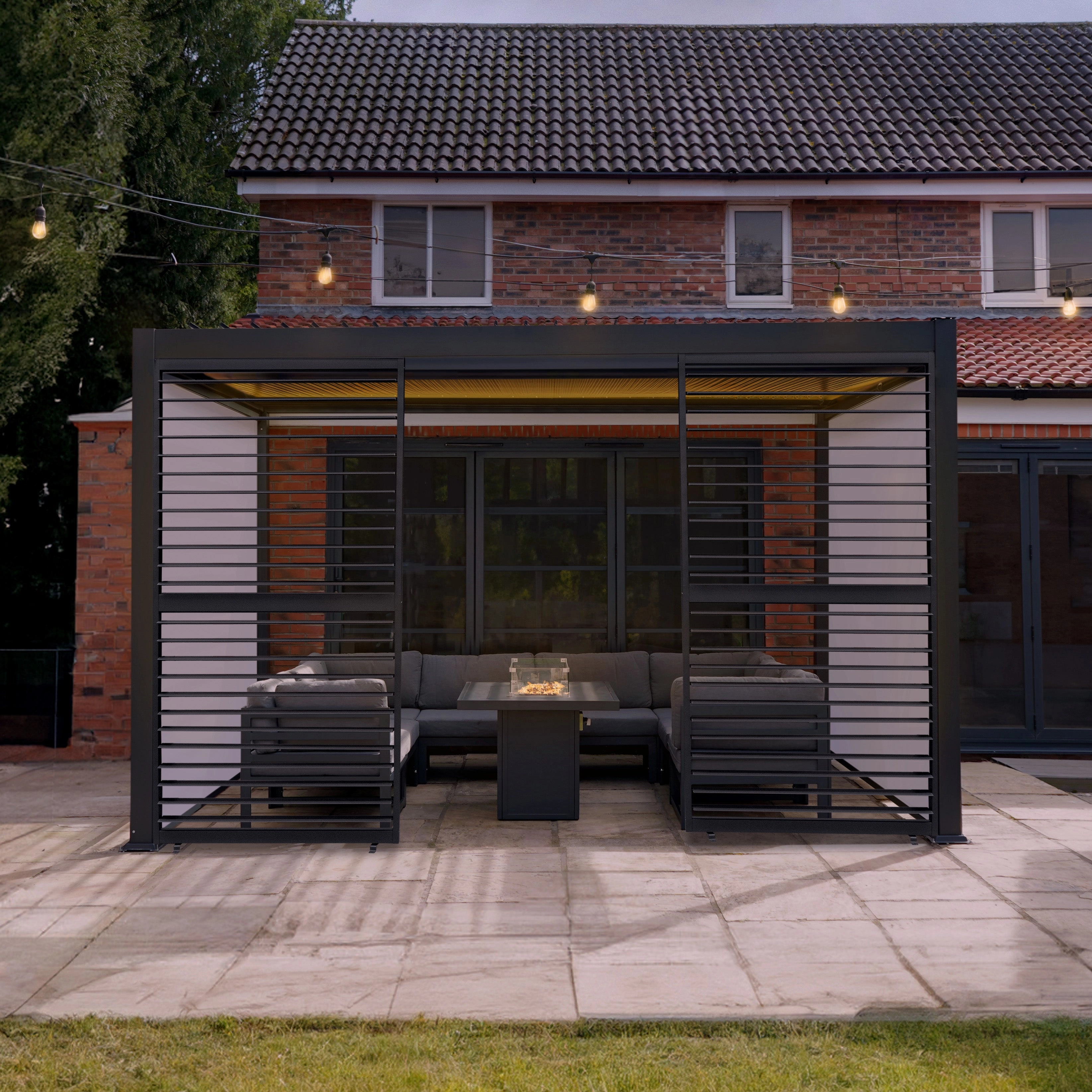 Anthracite Aluminium Pergola With White Blinds, 2 x Side Panels & LED Lights - 3m x 3m