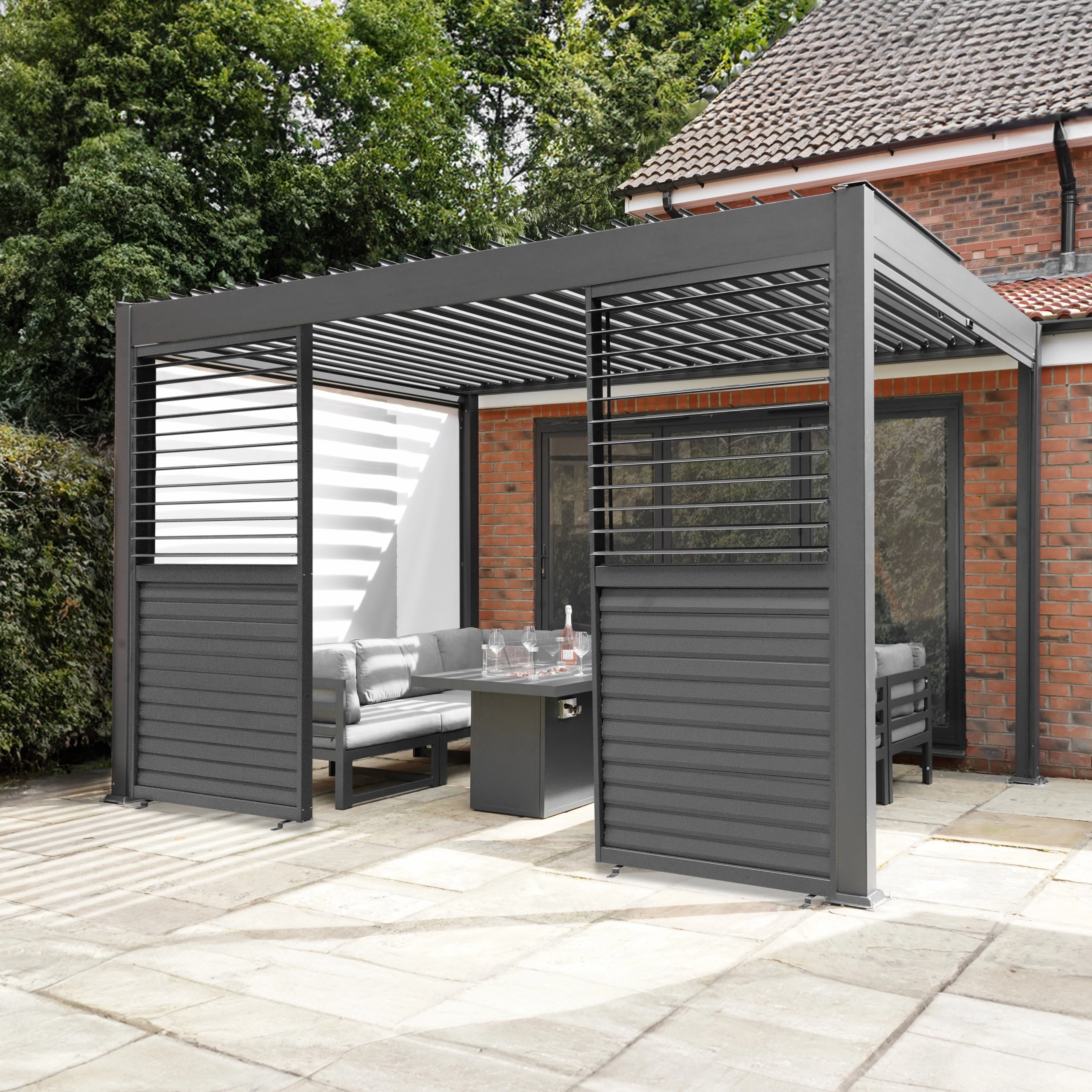 Anthracite Aluminium Pergola With White Blinds, 2 x Side Panels & LED Lights - 3m x 3m