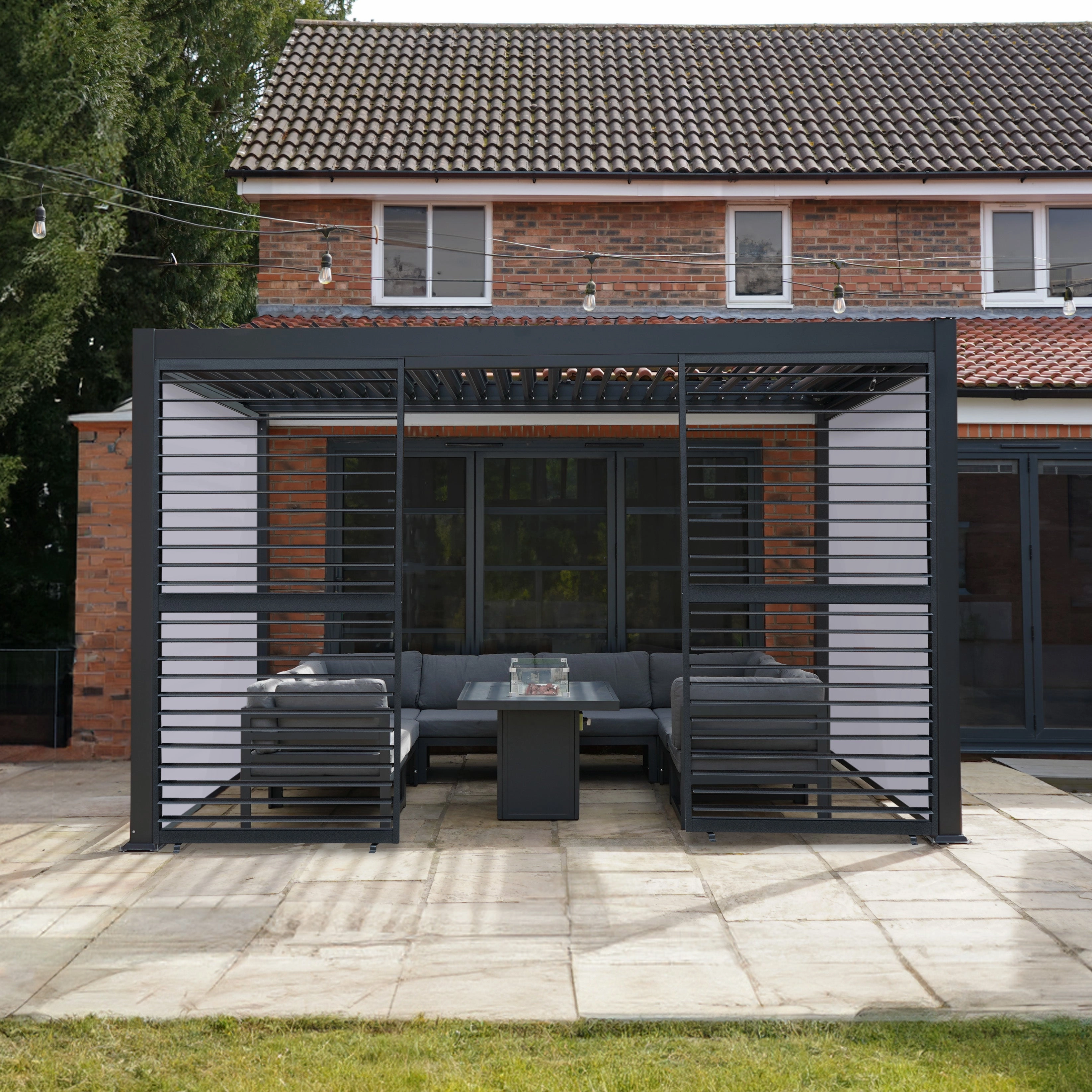 Anthracite Aluminium Pergola With White Blinds & 2 Shutter Panels - 3m x 4m