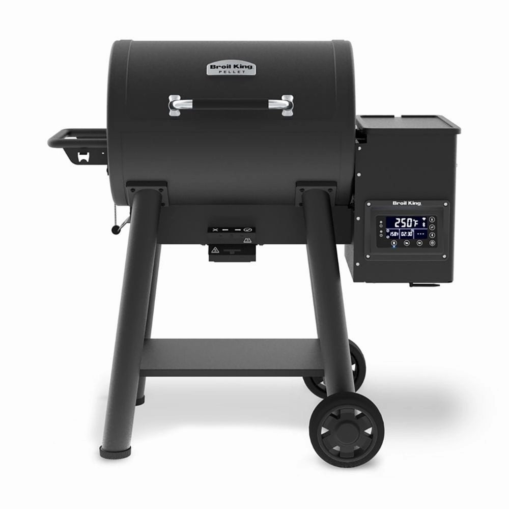 Broil King Crown Pellet 400 Smoker and Grill 493051 stainless steel BBQ grill with side table