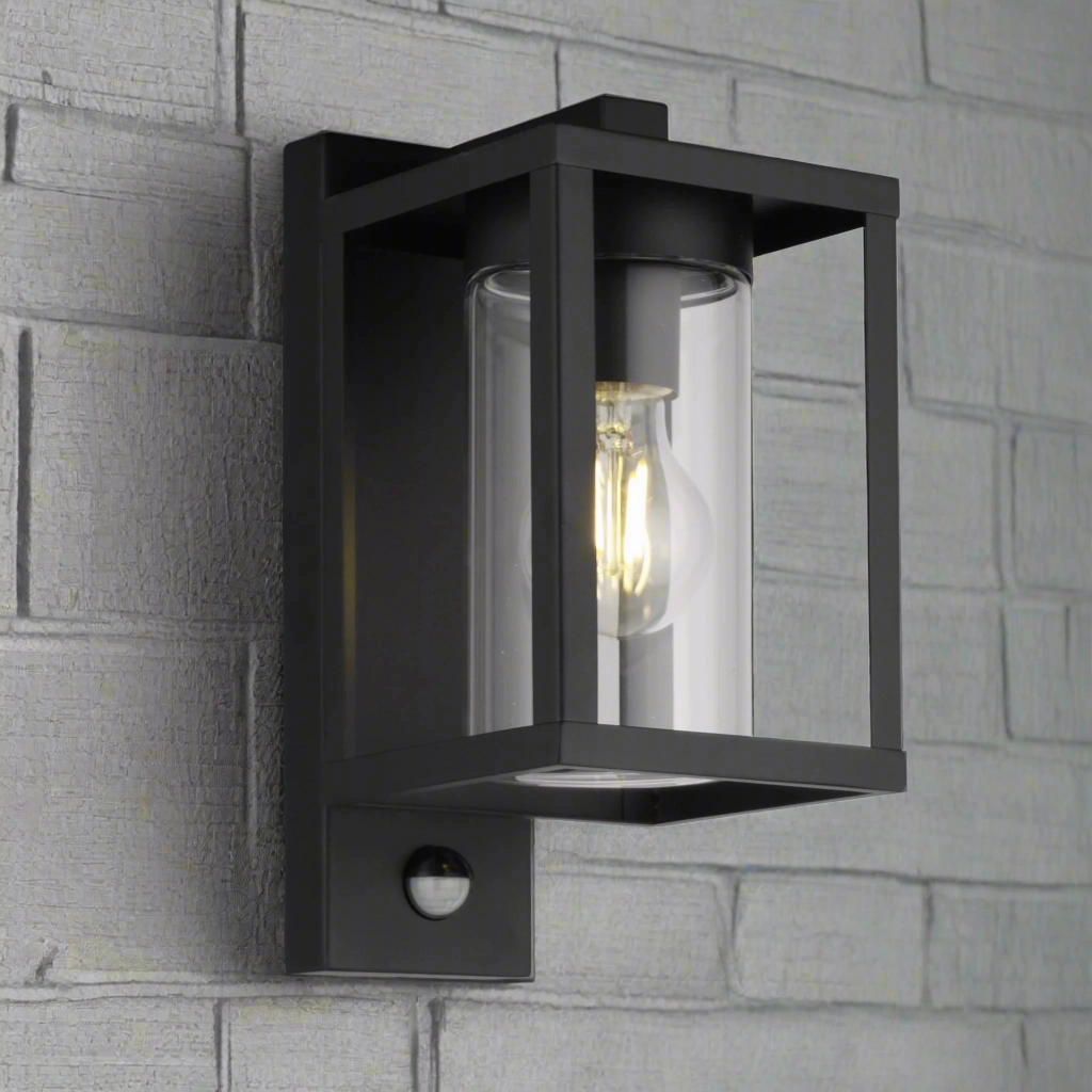 CGC ABEL Matt Black Box Lantern Wall Light with PIR Motion Sensor