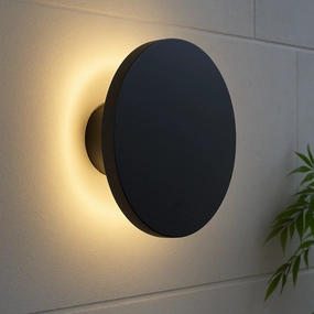 CGC BAILEY Black Round LED Outdoor Indoor Wall Light IP65 Back Lit Halo Polycarbonate CoastalOutdoor wall sconces with motion sensor