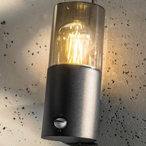 CGC BLUEBELL Black Cylinder Wall Light with Smoky Diffuser & PIR Motion SensorWeatherproof outdoor lighting