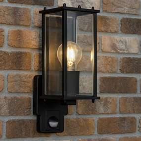 CGC MARIN Black Outdoor Wall Lantern Clear Bevelled Glass Diffuser WITH PIR Motion Sensor IP44Outdoor wall sconces with motion sensor