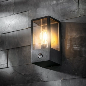 CGC MARINA Black E27 Outdoor PIR Motion Sensor Wall Light Box Lantern Clear Diffuser IP44Outdoor wall sconces with motion sensor