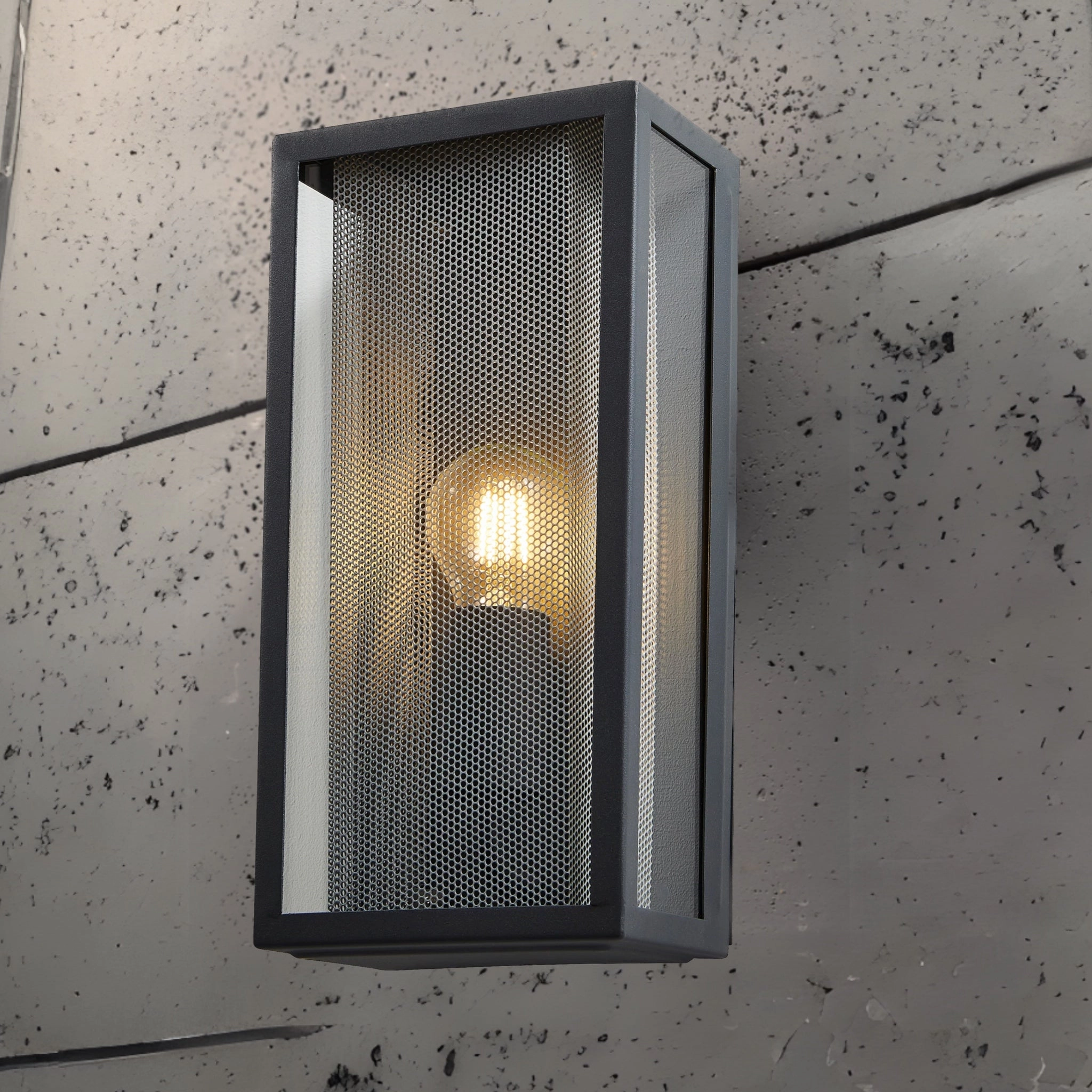 CGC SILAS Anthracite Dark Grey Outdoor Box Lantern Wall Light with Silver Mesh Insert IP44 E27