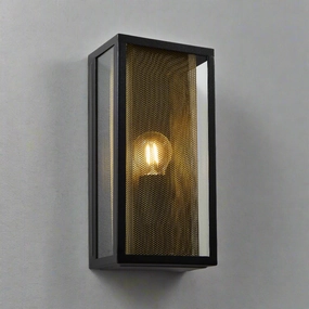 CGC SILAS Black Outdoor Box Lantern Wall Light with Brass Mesh Insert IP44 E27Outdoor wall sconces with motion sensor