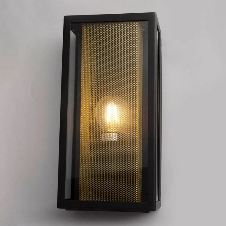 CGC SILAS Black Outdoor Box Lantern Wall Light with Brass Mesh Insert IP44 E27