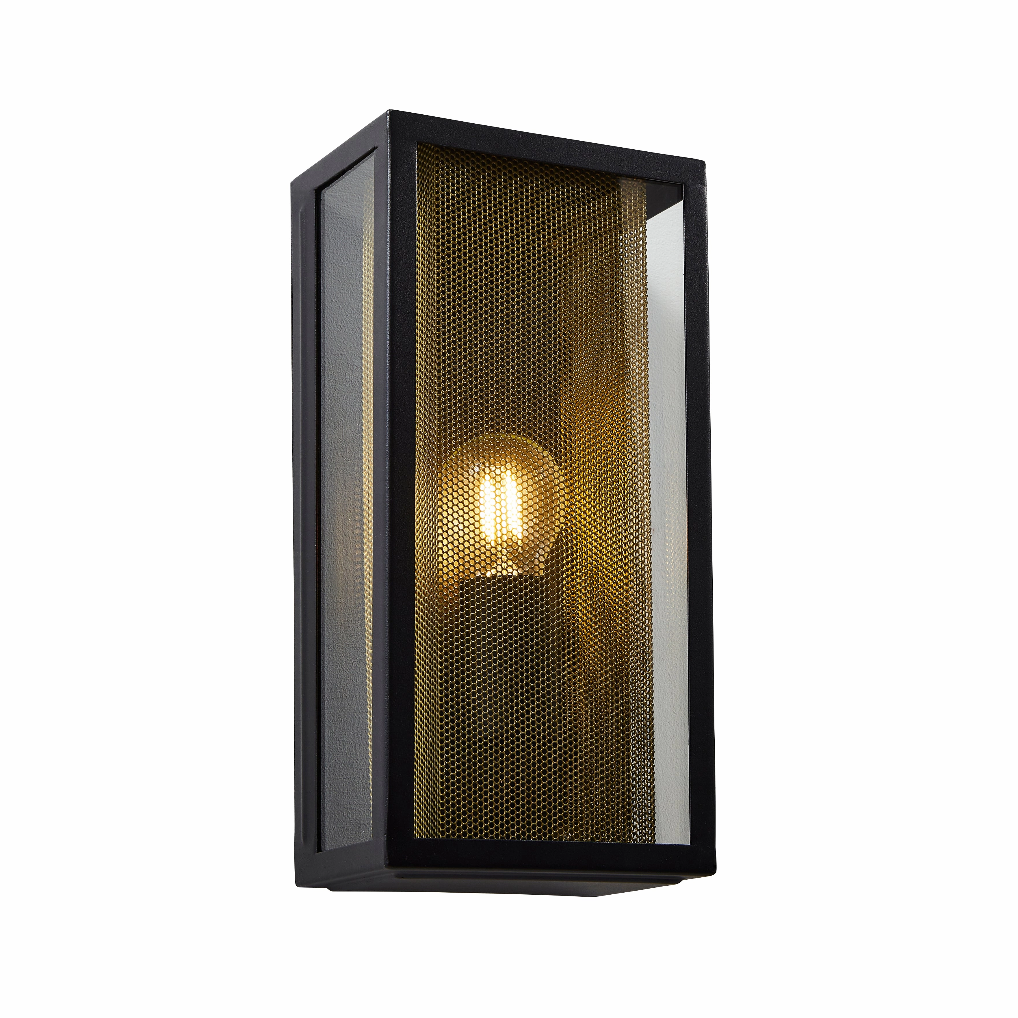 CGC SILAS Black Outdoor Box Lantern Wall Light with Brass Mesh Insert IP44 E27