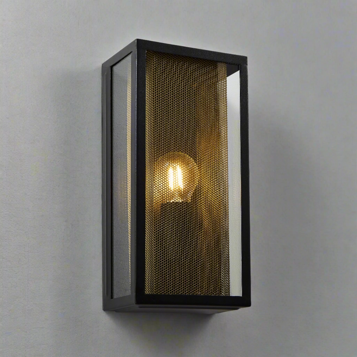 CGC SILAS Black Outdoor Box Lantern Wall Light with Brass Mesh Insert IP44 E27Outdoor wall sconces with motion sensor