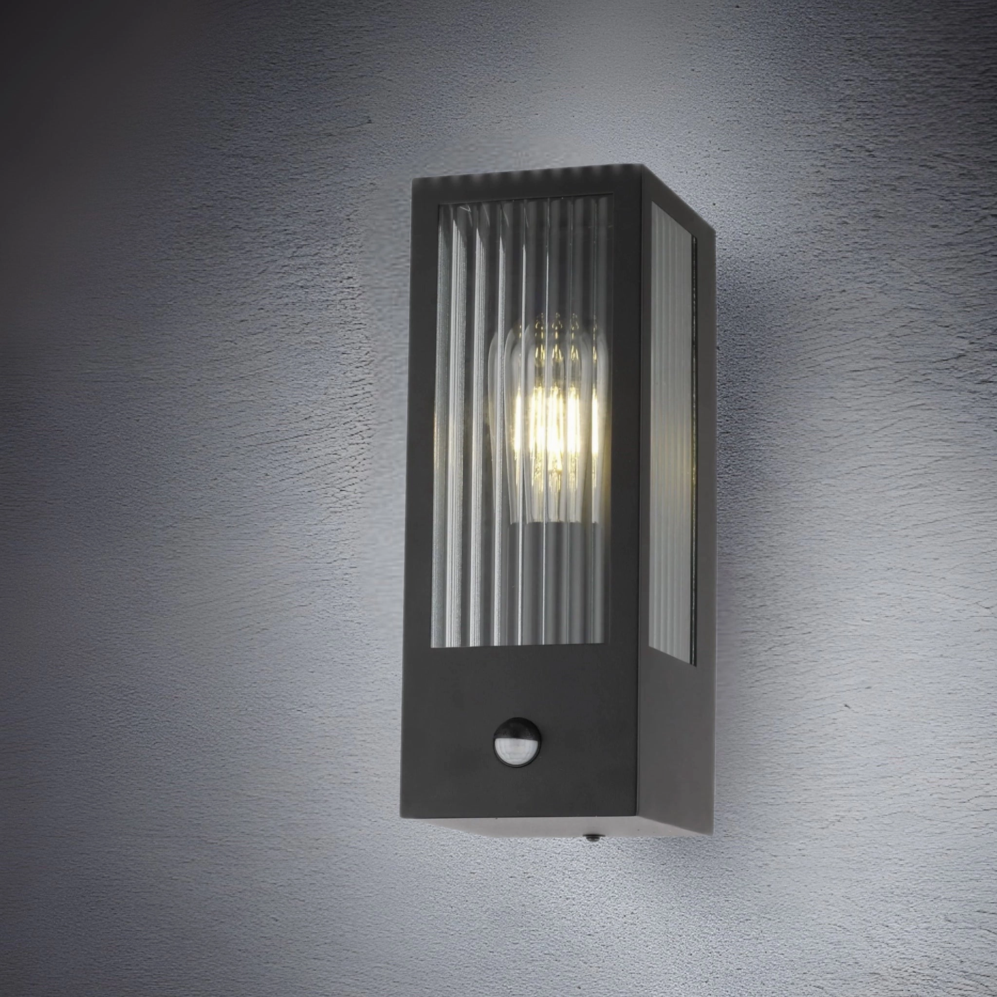 CGC STELLA Bevelled Glass Black E27 Outdoor Box Wall Light with PIR Motion Sensor