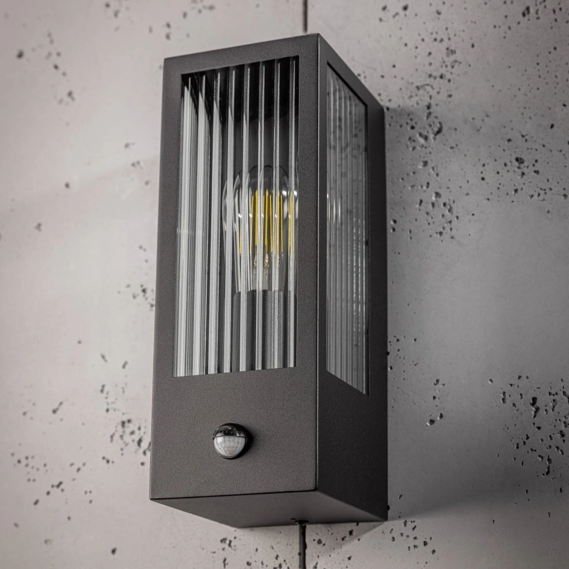 CGC STELLA Bevelled Glass Black E27 Outdoor Box Wall Light with PIR Motion Sensor