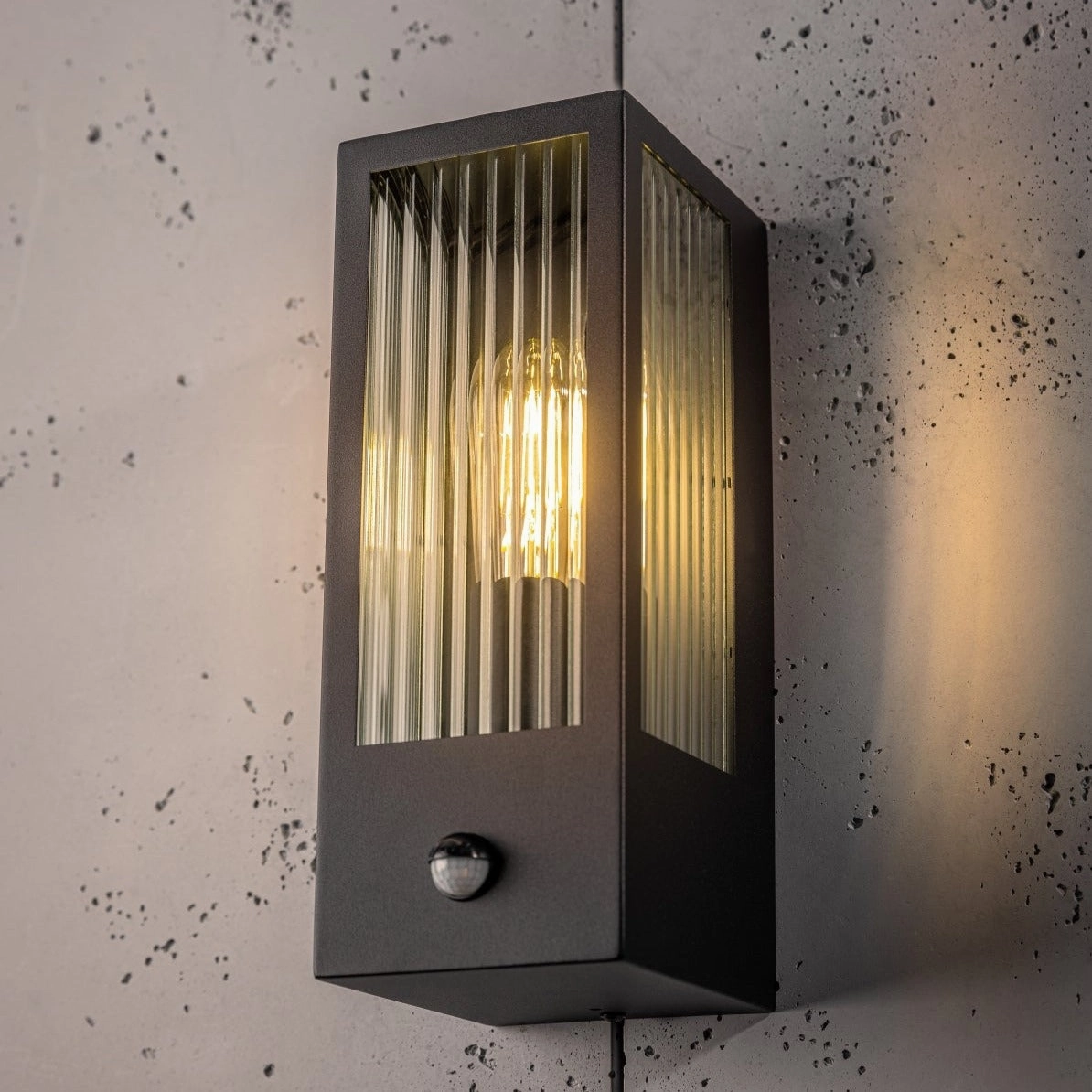 CGC STELLA Bevelled Glass Black E27 Outdoor Box Wall Light with PIR Motion Sensor