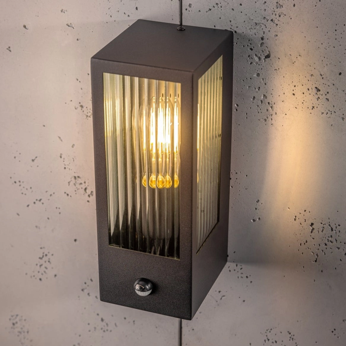 CGC STELLA Bevelled Glass Black E27 Outdoor Box Wall Light with PIR Motion Sensor