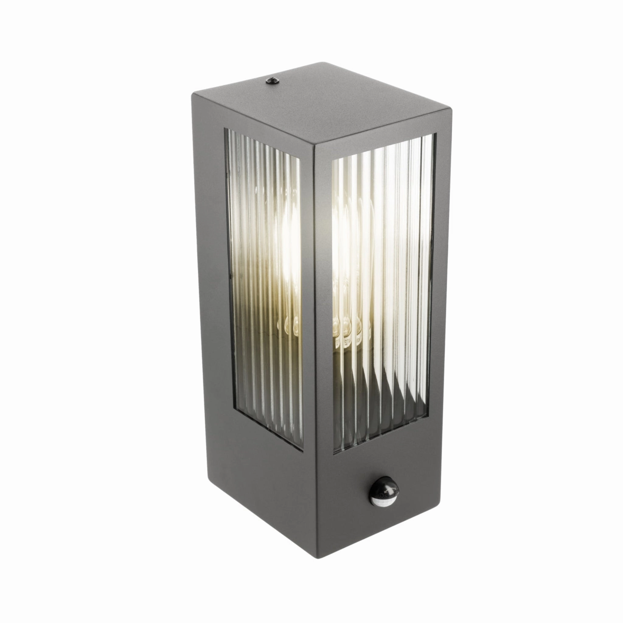 CGC STELLA Bevelled Glass Black E27 Outdoor Box Wall Light with PIR Motion Sensor