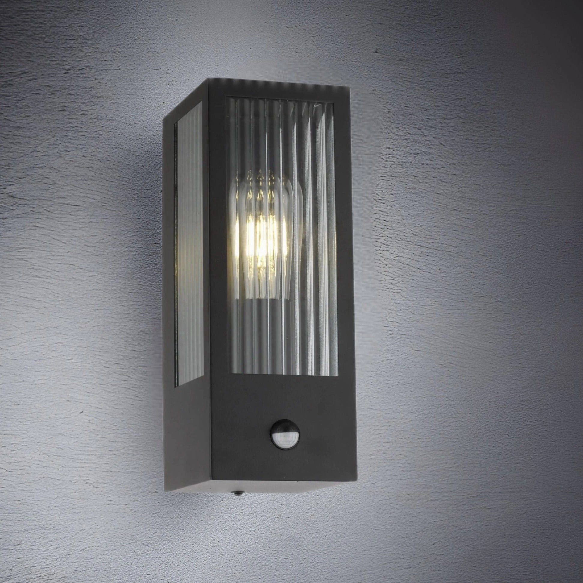 CGC STELLA Bevelled Glass Black E27 Outdoor Box Wall Light with PIR Motion Sensor