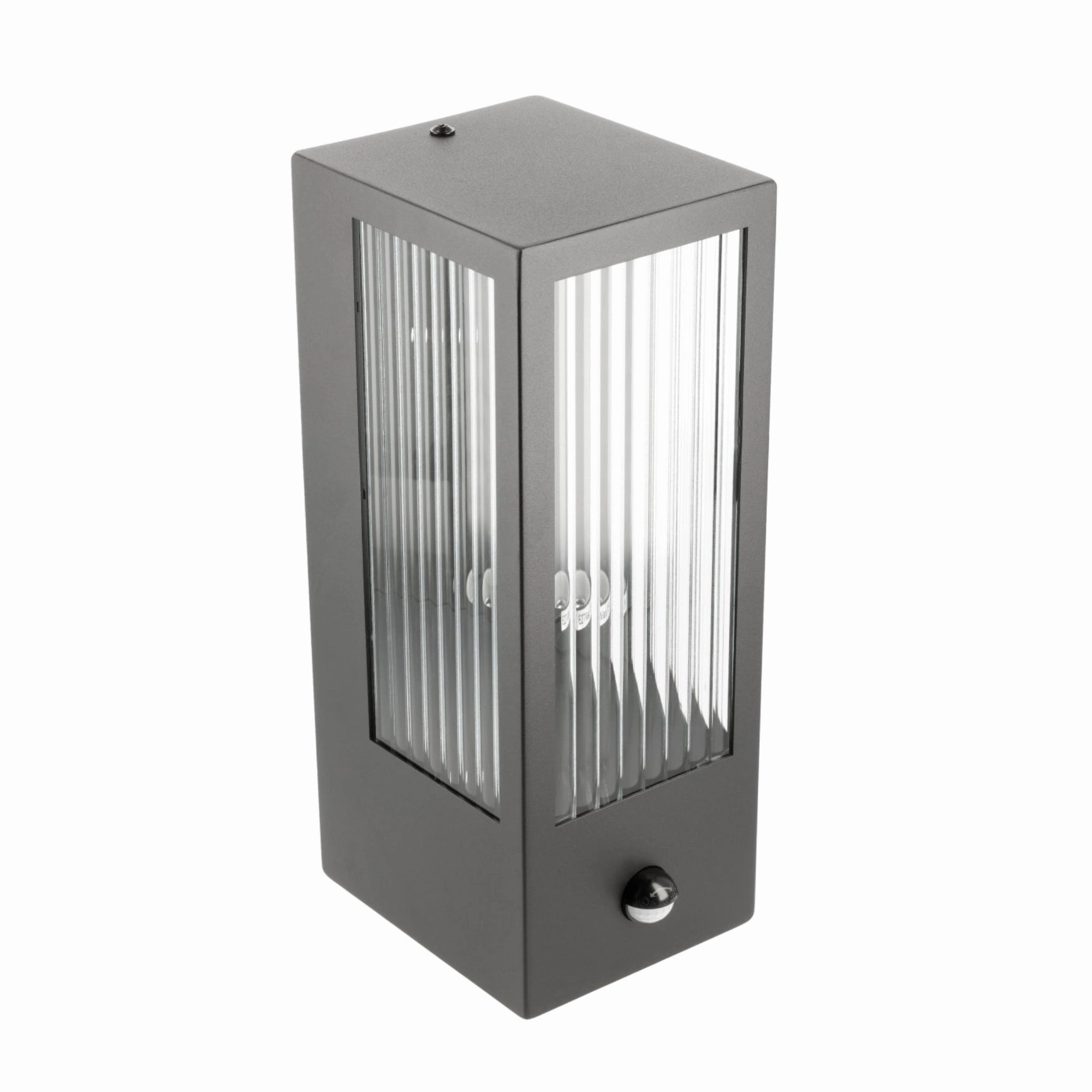 CGC STELLA Bevelled Glass Black E27 Outdoor Box Wall Light with PIR Motion Sensor