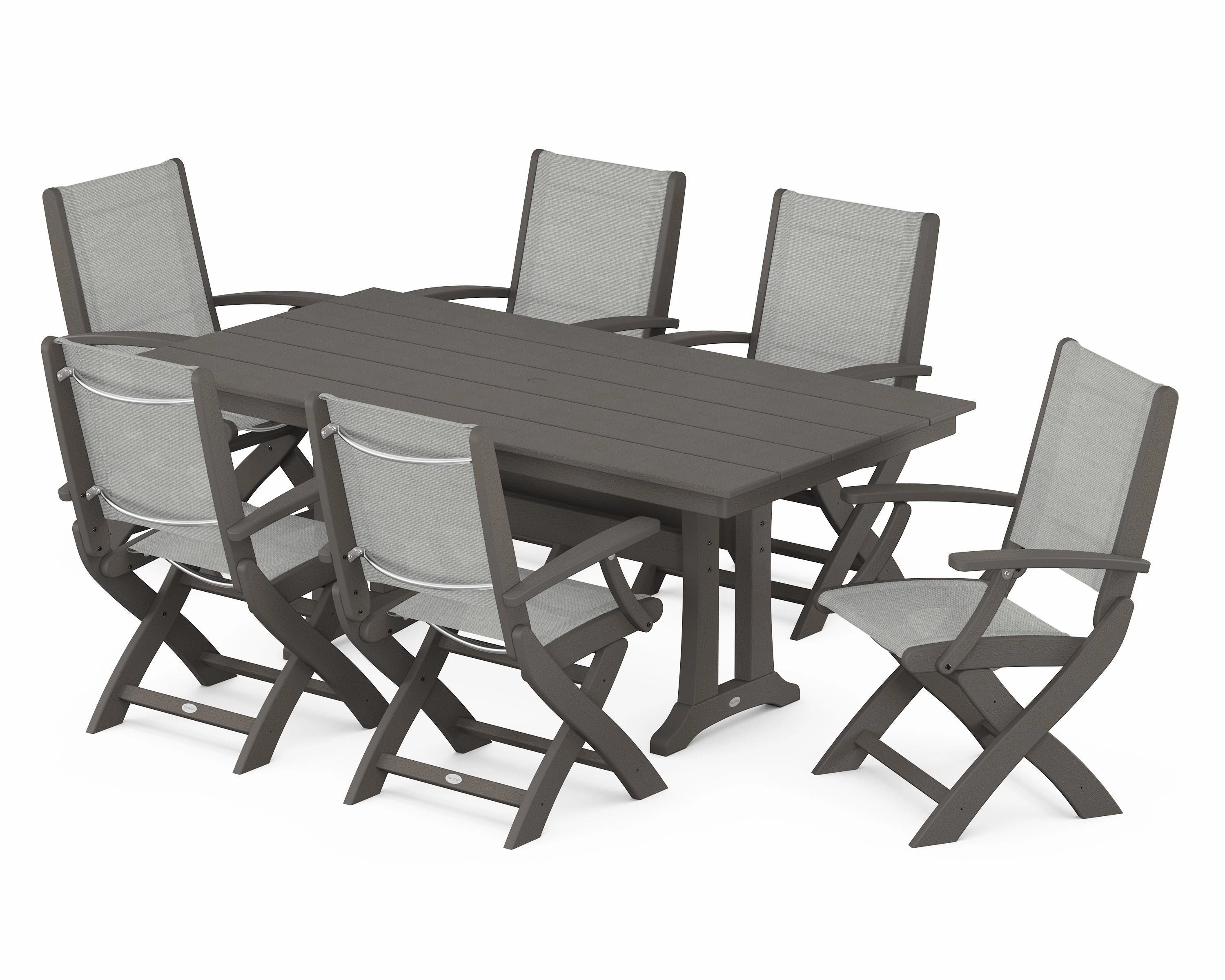 Coastal Folding Arm Chair 7-Piece Farmhouse Dining Set with Trestle Legs