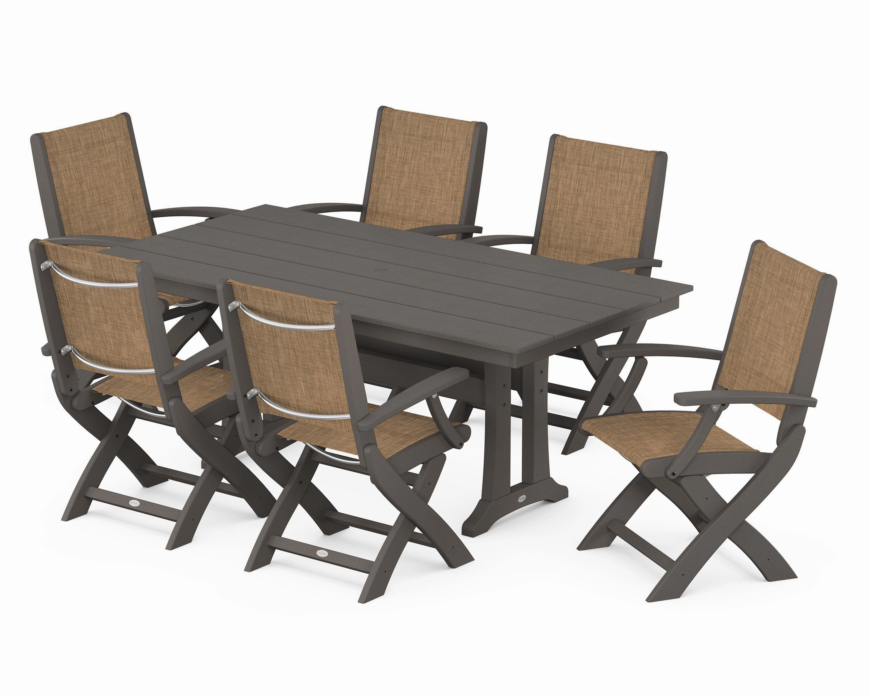 Coastal Folding Arm Chair 7-Piece Farmhouse Dining Set with Trestle Legs