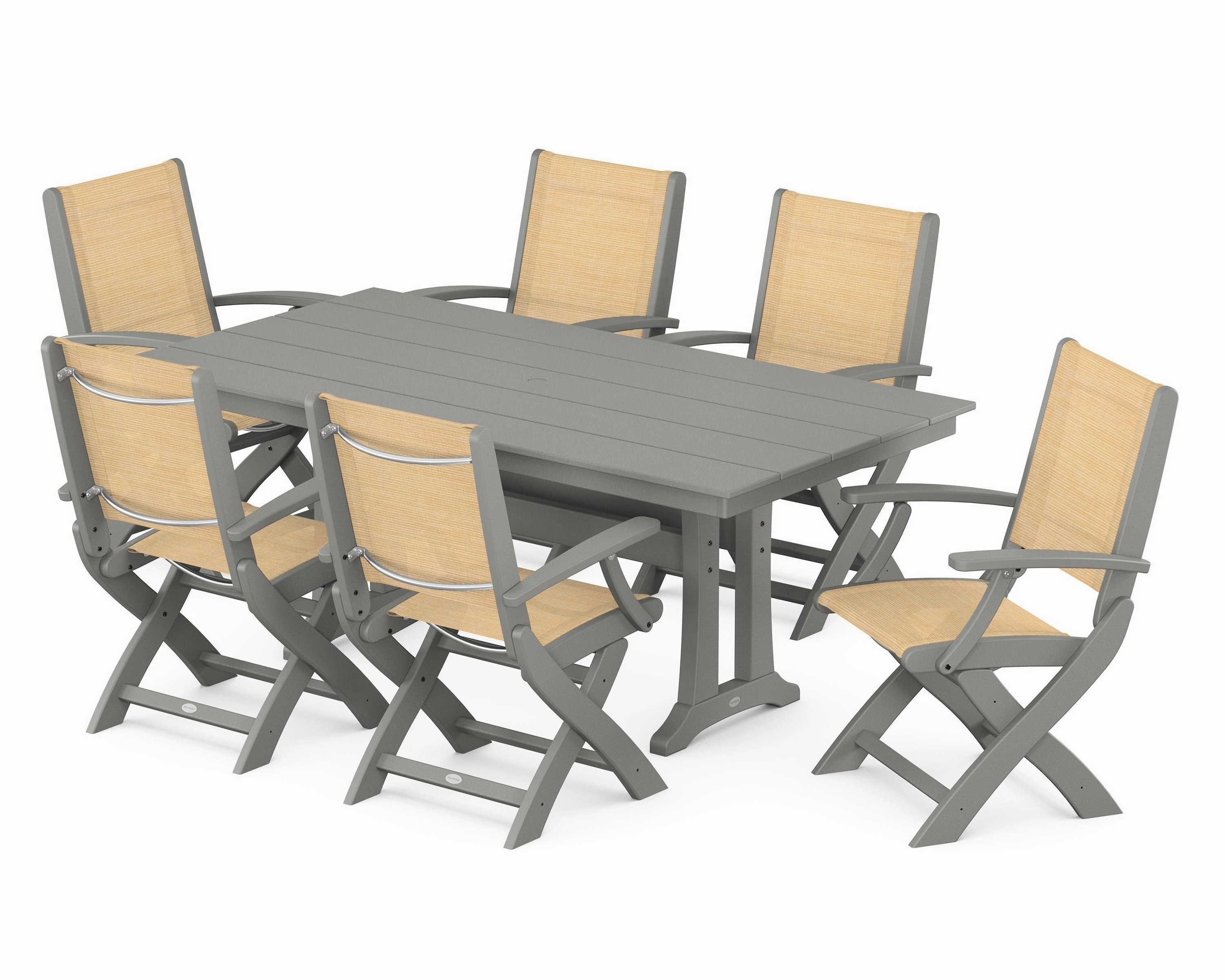 Coastal Folding Arm Chair 7-Piece Farmhouse Dining Set with Trestle Legs