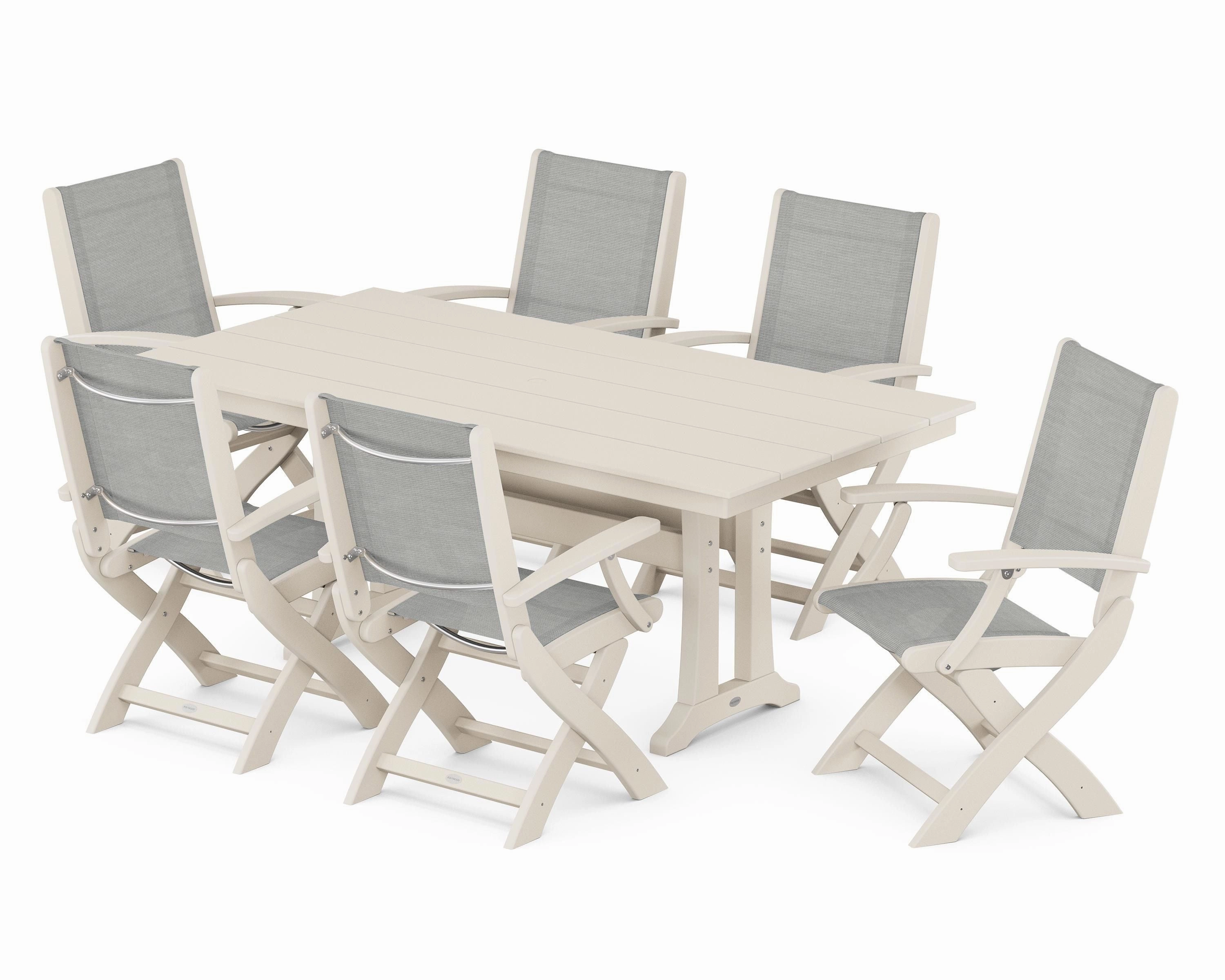 Coastal Folding Arm Chair 7-Piece Farmhouse Dining Set with Trestle Legs